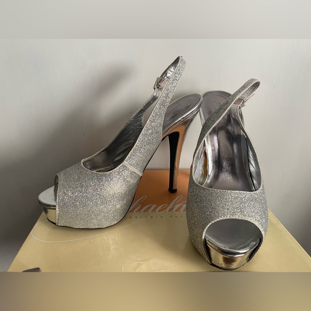 Silver glitter peep toe high heels